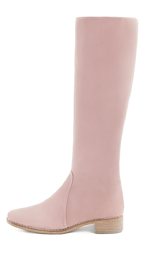 Powder pink women's riding knee-high boots. Round toe. Low leather soles. Made to measure. Profile view - Florence KOOIJMAN